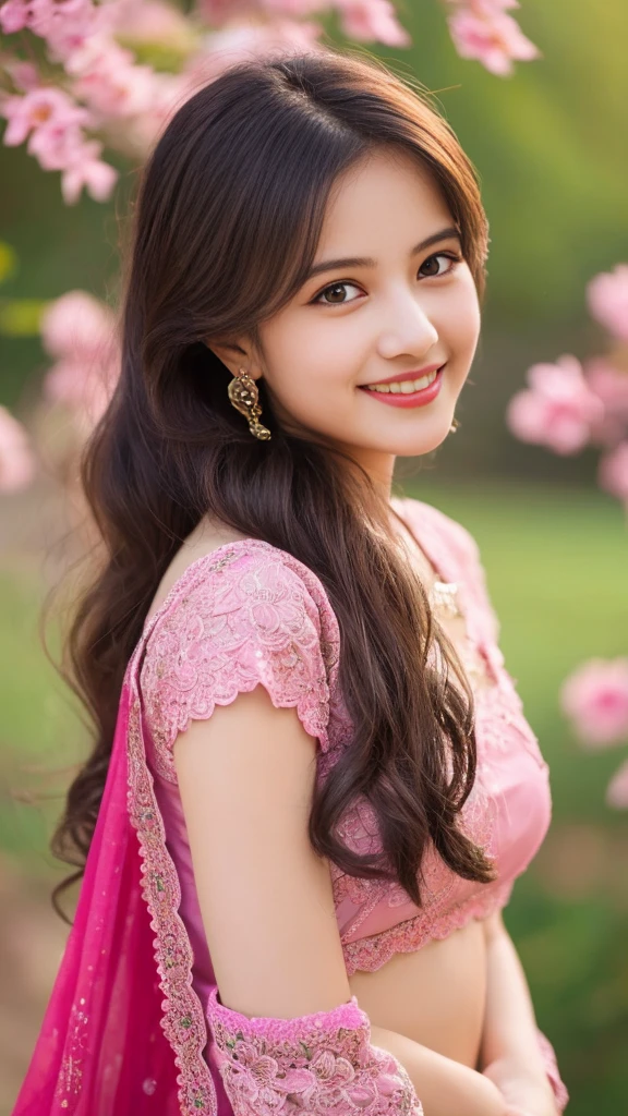 8K, ultra high detailed, an indian girl, cute smile realistic face, happy, long hair, impressive hairstyle, detailed eyes, detailed lips, indian clothes, saree, pink saree, lace, wearing jewellery, nature background, flowers, afternoon, shadow, clear weather, whole body capture,noch slim 