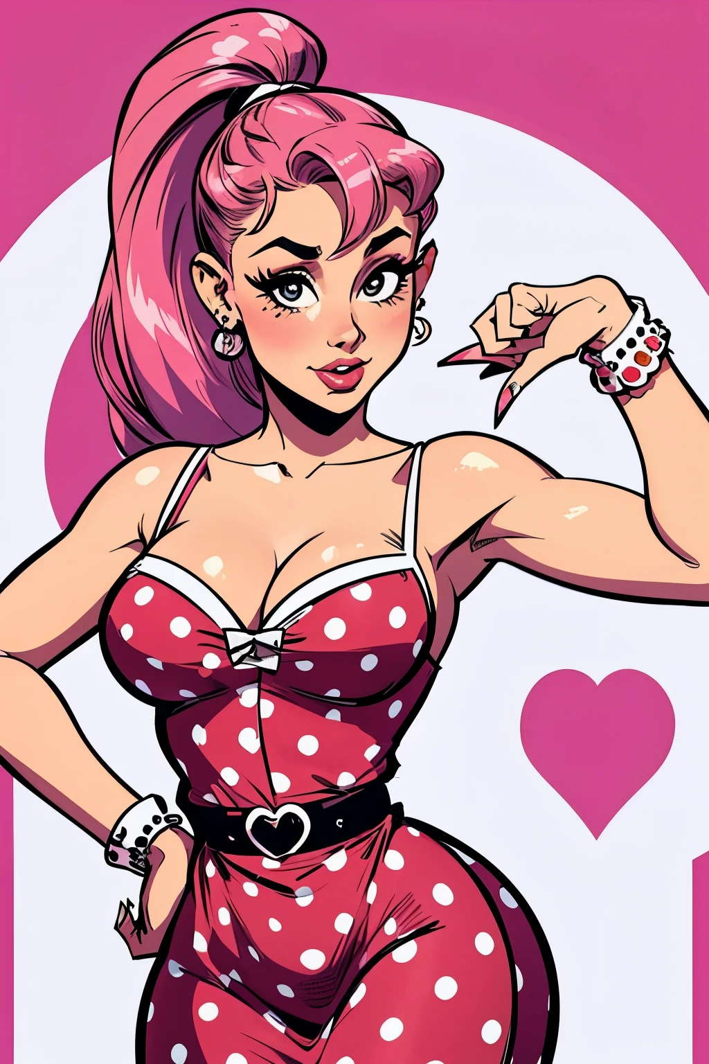 Ariana Grande, retro artstyle, ponytail, beautiful_face, detailed_face, años 50, 50s, pin-up, sexy, pose seductora, polka dot dress