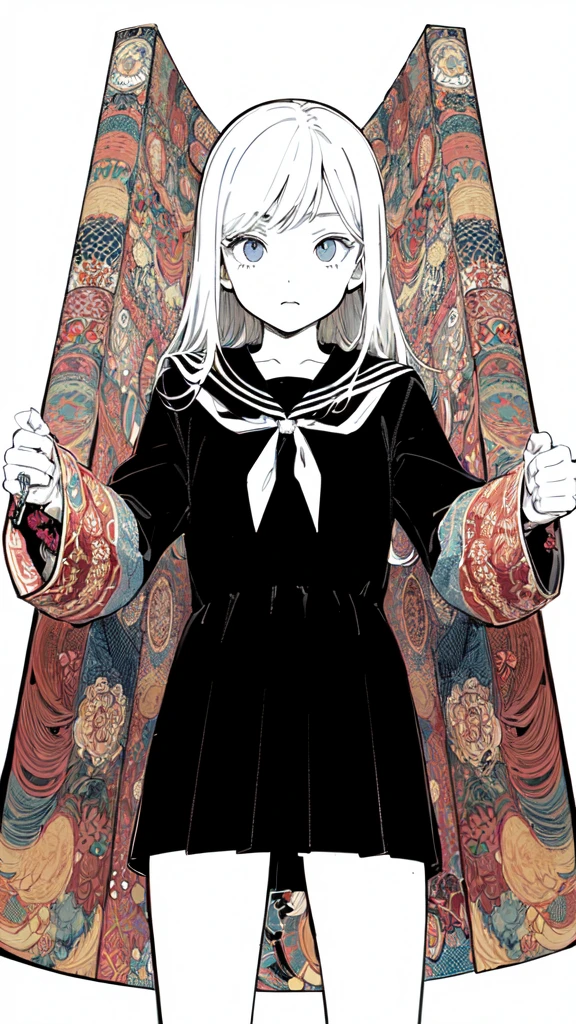 leaning back with hands out in the air,girl、high school girl、(masterpiece, highest quality, official art:1.2), (flat color:1.5),(colorful),looking at the viewer,1 girl,alone, white background, ,(2D:1.5) ,NSFW