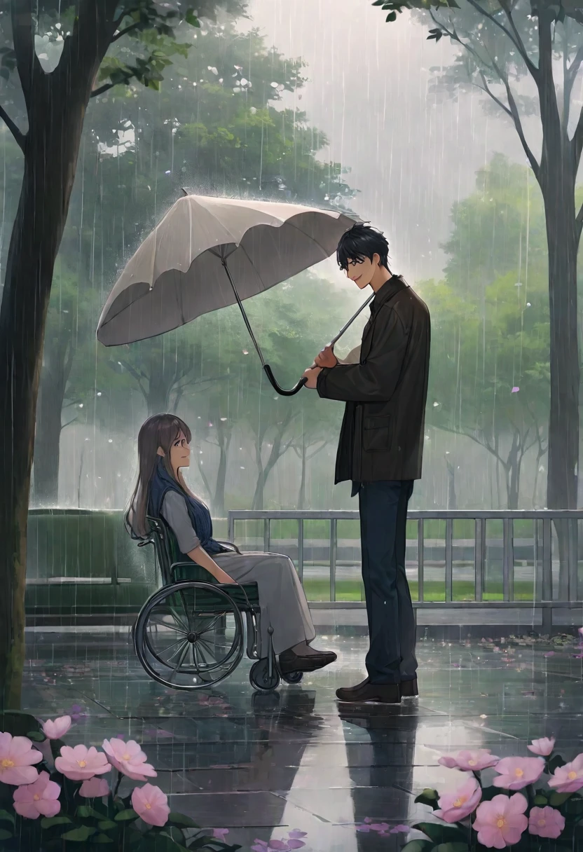 A heartwarming scene depicting a young man standing next to a girl sitting in a wheelchair. The young man is holding an umbrella over the girl's head, protecting her from the rain. Both of them are smiling warmly, exuding a sense of care and compassion. The background shows a rainy day in a beautiful park with trees and flowers, adding a serene and peaceful atmosphere to the scene. The girl in the wheelchair is dressed in a cozy sweater and has a blanket over her lap, while the young man is casually dressed in a jacket and jeans.