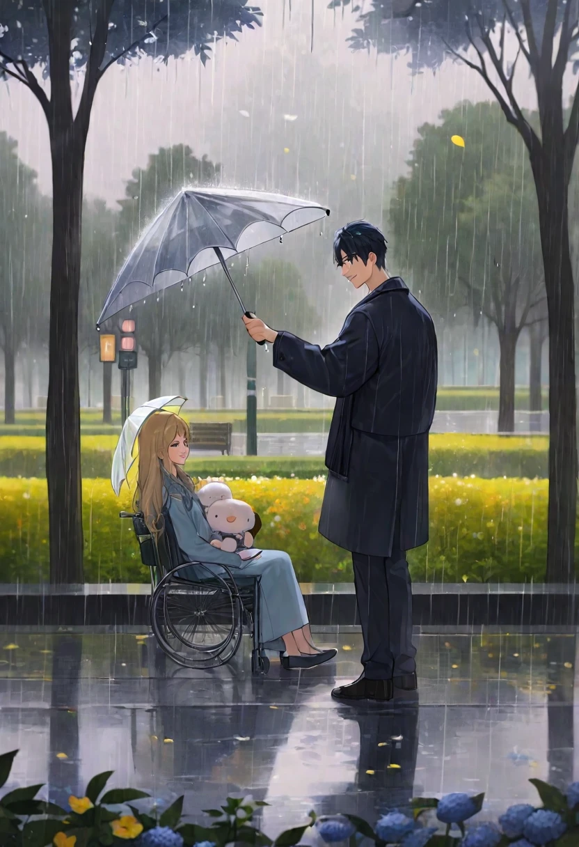 A heartwarming scene depicting a young man standing next to a girl sitting in a wheelchair. The young man is holding an umbrella over the girl's head, protecting her from the rain. Both of them are smiling warmly, exuding a sense of care and compassion. The background shows a rainy day in a beautiful park with trees and flowers, adding a serene and peaceful atmosphere to the scene. The girl in the wheelchair is dressed in a cozy sweater and has a blanket over her lap, while the young man is casually dressed in a jacket and jeans.