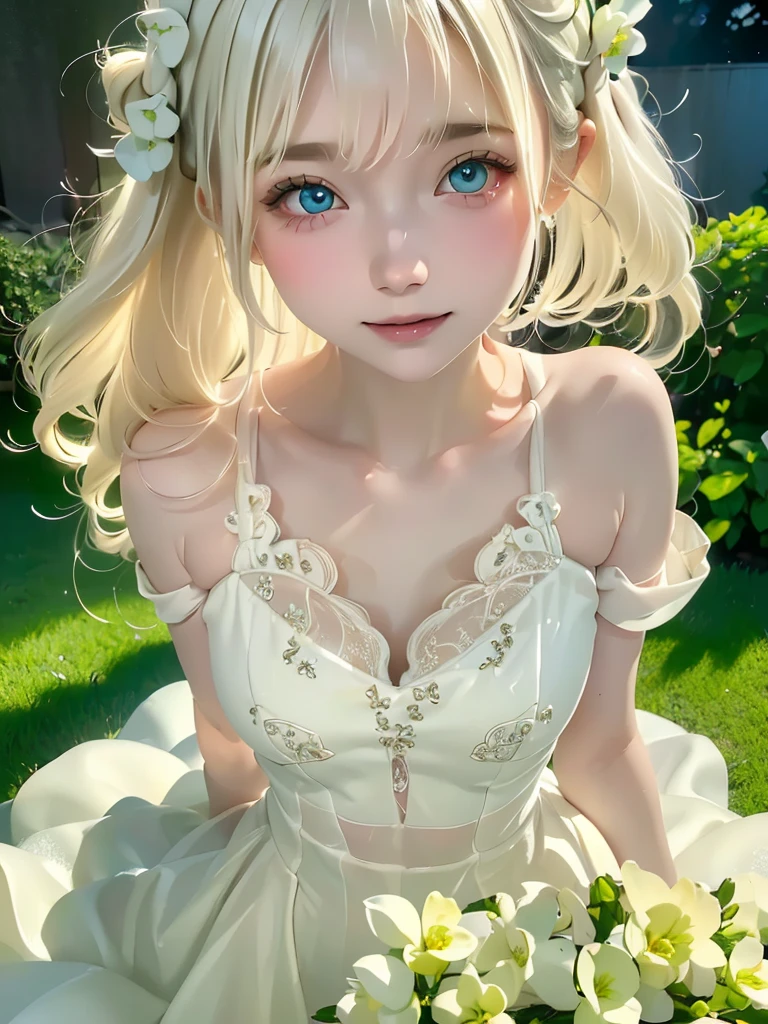 (high quality, High resolution, The finer details), (Midnight:1.3), (Dark Background:1.3), White Dress, Ghostly figures, Foggy Garden, Hauntingly beautiful, Great lighting, Soft pastel colors, alone, Curvy Women, blonde, (Pale, glowing eyes:1.5), (Beautiful Eyes:1.2), Grin, Sweat, Oily skin, Shallow depth of field
