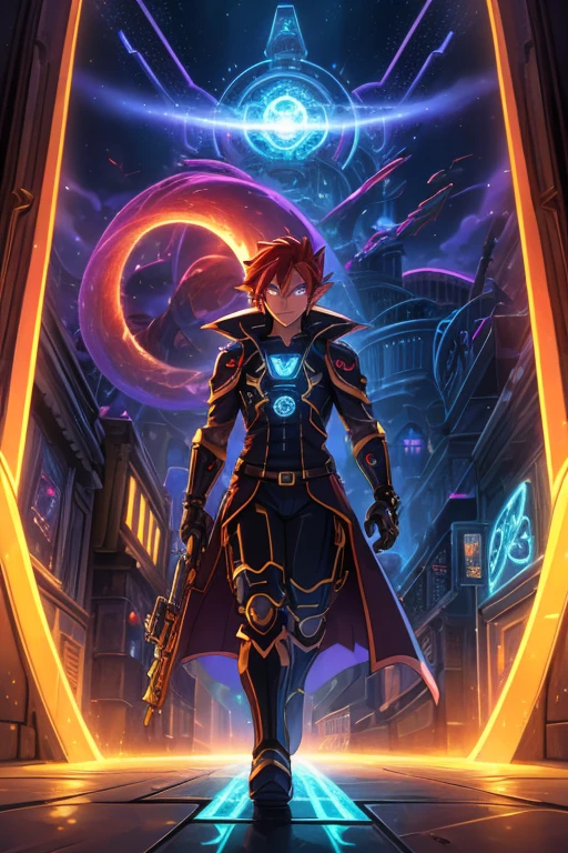 Niji mode. Full body, elf wizard, secret agent, wearing a fine and elegant suit, holding a shotgun glowing magic carvings and long handle, technological boot with glowing magic circuits, ruby eyes, dark red hair, orange skin, glowing red tattoos, ruby piercings, looking at the viewer, detailed face. Atompunk, android, cyborg, mechanical parts with magic stones, magic glowing eyes, advanced technology mixed with magic, magic circuits, gears made of magic materials, developed by Technological Magic. Walking in the middle of a magical atompunk metropolis mixing technology and vegetation, particle effects, wide and deep scenery, with multiple planes of depth, cinematic and dynamic scene with a sense of movement, view of magical bright lights reflecting the scene, stylish pose, aura lights, glowing technological cables, epic atmosphere, magic tools, old anime style, Studio ghibli, metal hurlant, artbook, RPG fantasy.