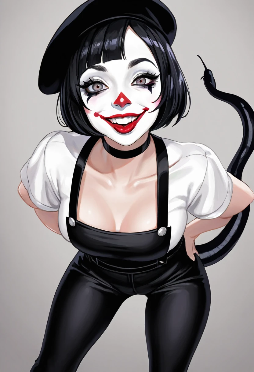 score_9, score_8_up, score_7_up, source_cartoon, rating_everyone, 1girl, short bob haircut, black hair, black pants, black suspenders, black choker, thick lips, black beret, white skin body paint, mime shirt, white face paint, mime artist makeup, wide hips, black eyeliner, black lipstick, mime artist outfit, looking at viewer, ((closed mouth, wide grin, tongue out, long snake tongue)), glowing eyes, face focus, from above, close up,pov, weird angle, meme, best quality, masterpiece, 4k, ultra detailed