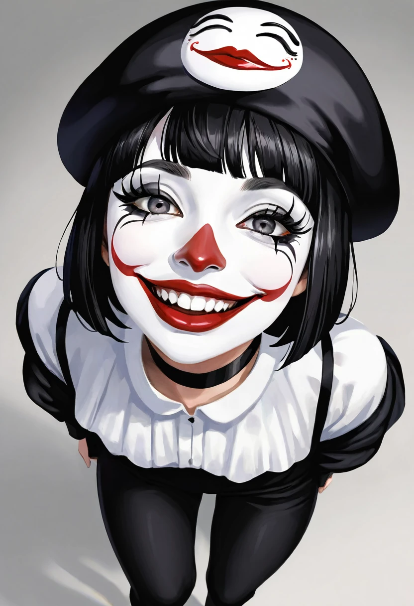 score_9, score_8_up, score_7_up, source_cartoon, rating_everyone, 1girl, short bob haircut, black hair, black pants, black suspenders, black choker, thick lips, black beret, white skin body paint, mime shirt, white face paint, mime artist makeup, wide hips, black eyeliner, black lipstick, mime artist outfit, looking at viewer, ((closed mouth, wide grin, tongue out, long snake tongue)), glowing eyes, face focus, from above, close up,pov, weird angle, meme, best quality, masterpiece, 4k, ultra detailed
