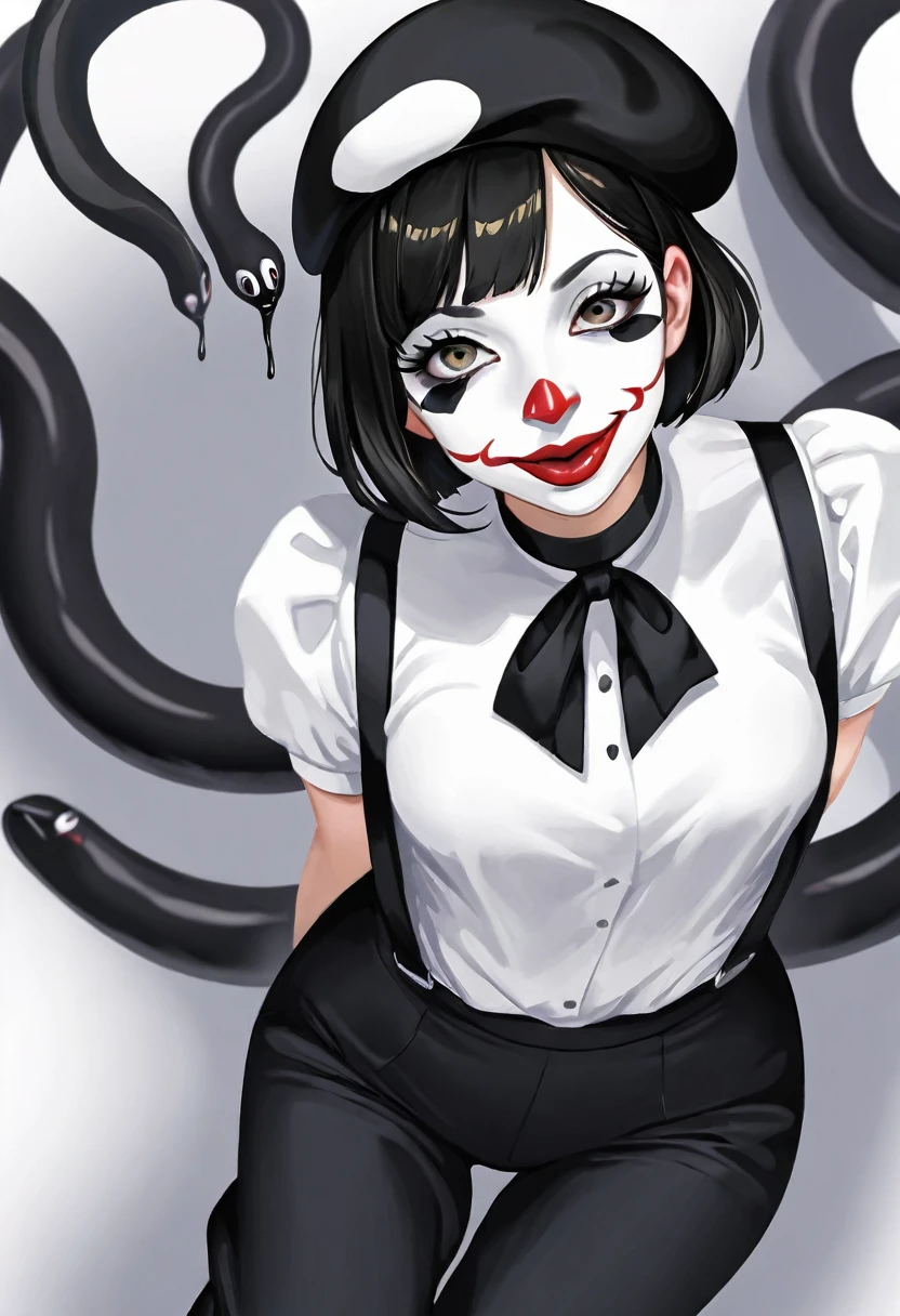score_9, score_8_up, score_7_up, source_cartoon, rating_everyone, 1girl, short bob haircut, black hair, black pants, black suspenders, black choker, thick lips, black beret, white skin body paint, mime shirt, white face paint, mime artist makeup, wide hips, black eyeliner, black lipstick, mime artist outfit, looking at viewer, ((closed mouth, wide grin, tongue out, long snake tongue)), glowing eyes, face focus, from above, close up,pov, weird angle, meme, best quality, masterpiece, 4k, ultra detailed