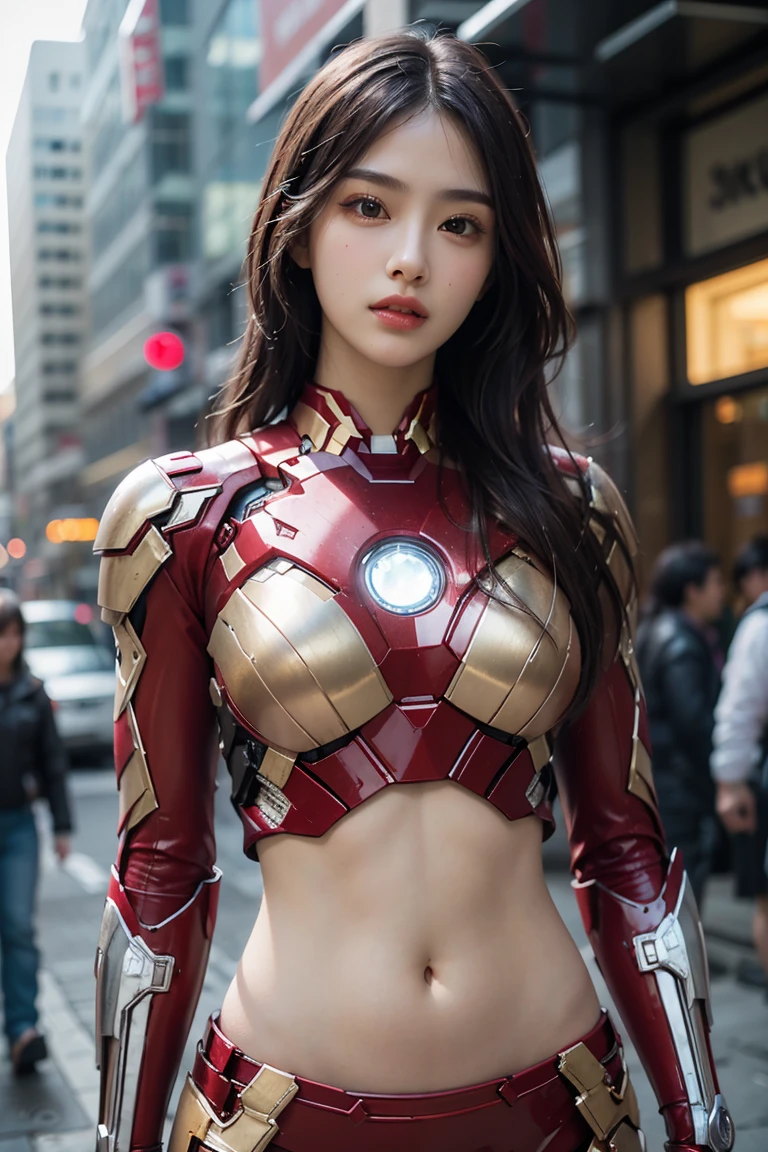A girl wearing Iron Man armor,Exposing sexy belly,((cowboy shot)),Looking at the camera,Detailed facial features, beautiful eyes, Lips, and long eyelashes, Reality, 8K, Very detailed, Studio Lighting, Dramatic Lighting, Vibrant colors, work, City Streets,The abdomen is open,Showing belly,Sexy abdominal muscles