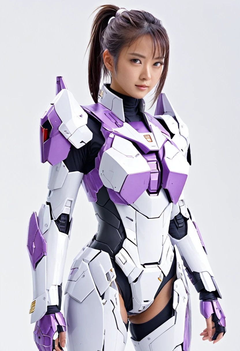 (highest quality、8K、32k、masterpiece、UHD:1.2、perfect body beauty:1.2、Wearing armor gundam a futuristic hero suit with a pale purple and white shine:1.5、rain、street、Cute 25 year old Japan woman、、ponytail、Upper body、front、simple background、looking at the viewer、dynamic pose:1.5, full body