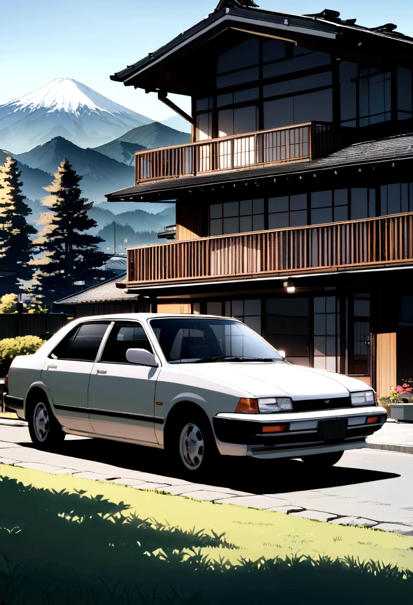 Toyota corolla 1990 parked in front of a modern house with japan mountain landscape with spring and trees
