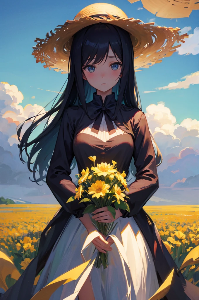 Double Exposure、silhouette、Beautiful woman in straw hat、Flower Field、