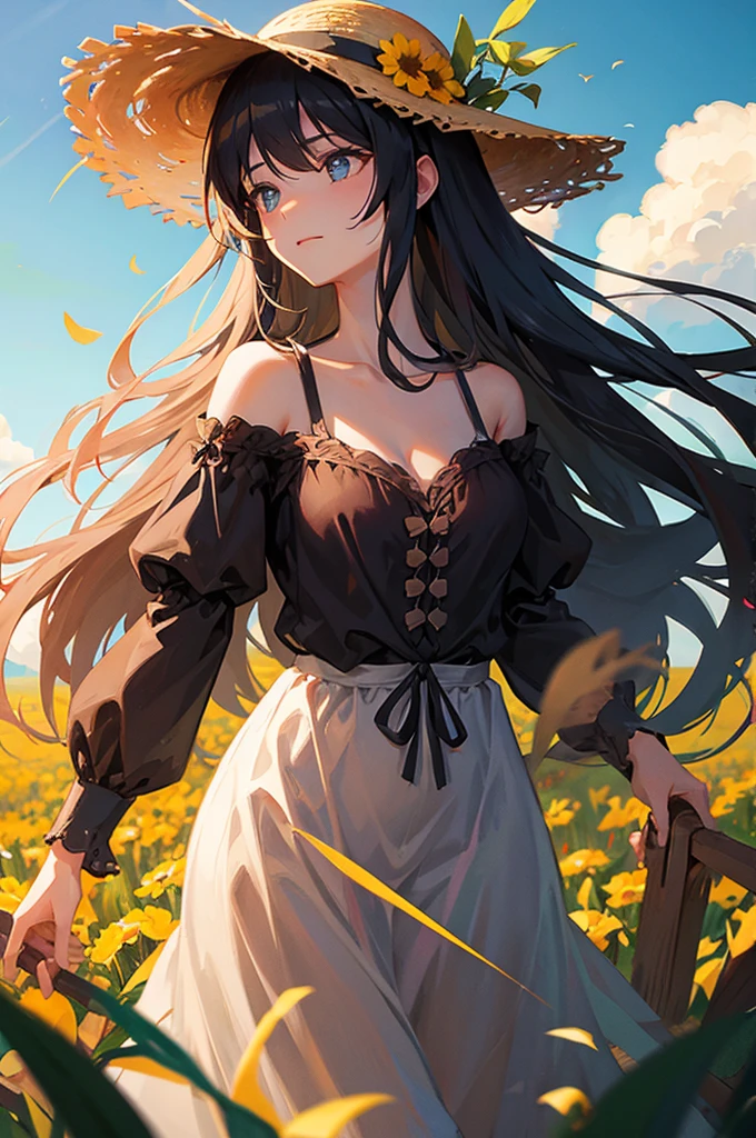 Double Exposure、silhouette、Beautiful woman in straw hat、Flower Field、
