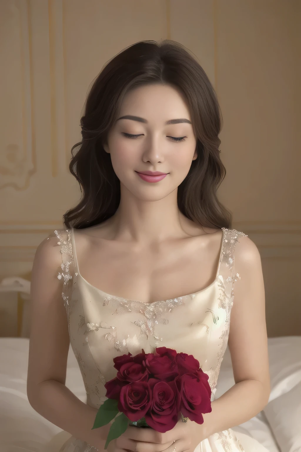 (best quality, highres, realistic:1.37), detailed, vibrant colors, soft lighting, cozy atmosphere, homely feeling, elegant, flowing dress, gentle smile, luxurious bed, floral decorations, peaceful ambiance, candlelit shadows, serenity