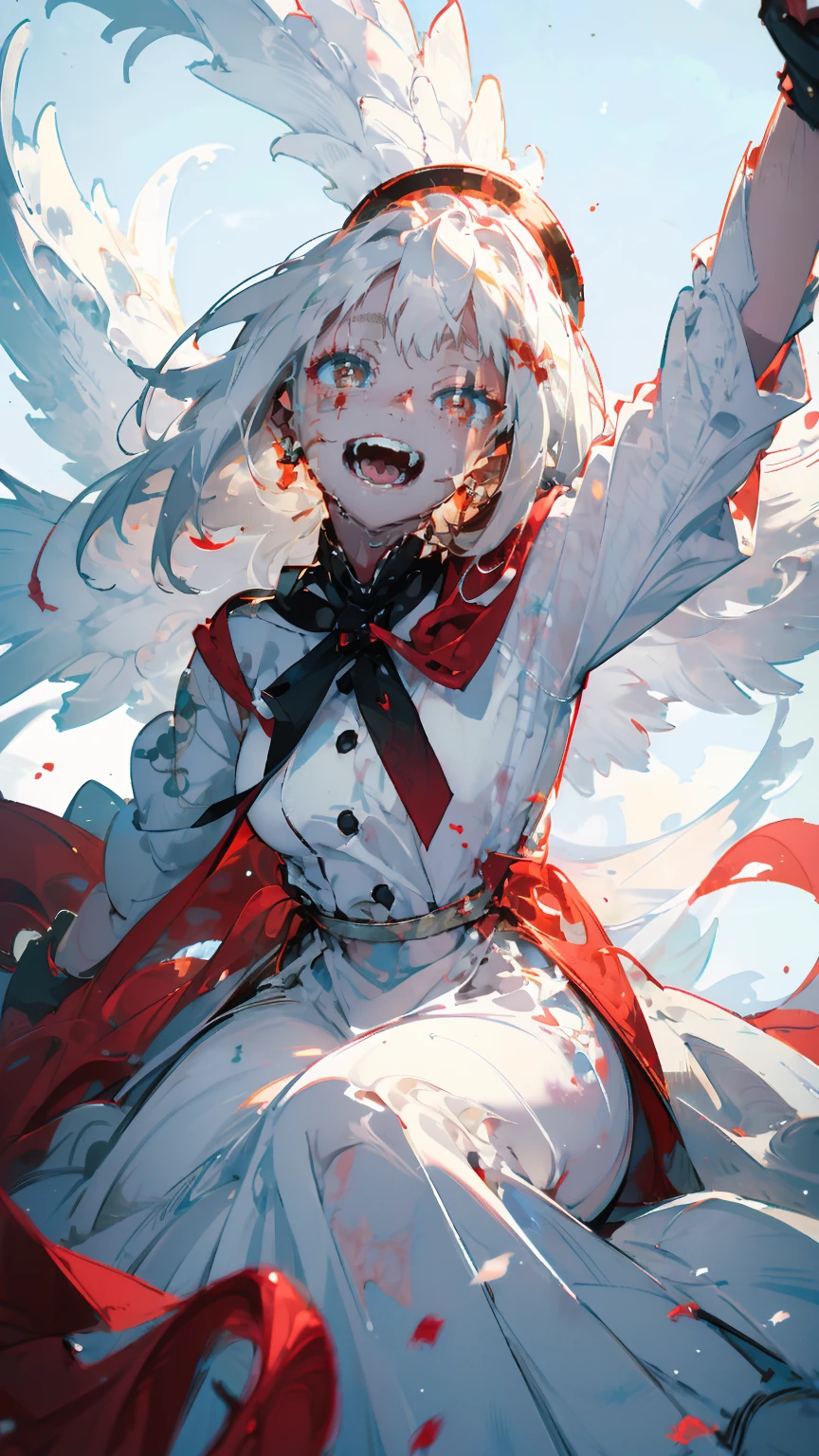 (woman\(A blood-red, dark angel halo is on his head., Angel Girl,Pure white hair,Red eyes, Pure white skin, White costume,The girl is laughing wildly with her mouth wide open,Eyes with dilated pupils,Scary,A large amount of dark red liquid drips from the mouth and eyes.,Crazy smile,Monster,Monster mouth,\) pure white world、Looking up at me,Attacking pose,Bleeding Wings (I&#39;m in the beautiful outdoors, Monster tentacles,Horror, mysterious,Blood Monster (Spooky background),quality\(8K,非常に精細なCGユニットのwallpaper, masterpiece,High resolution,top-quality,top-quality real texture skin,Surreal,Increase the resolution,RAW Photos,最高quality,Very detailed,wallpaper,Cinema Lighting,Ray-tracing,Golden Ratio\),Long Shot,Overall, it looks ephemeral.,The depiction range is from the waist up,qualityの高い顔の描写,High-resolution facial depiction,ephemeral,Low saturation,Little Girl,1 person, evil spirit,Dead skin,blood