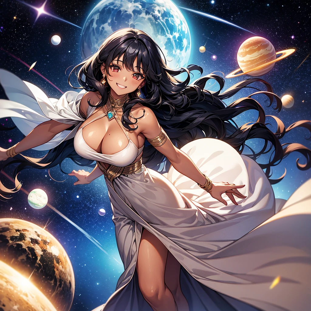 Woman with very long wavy big breast and black hair tan skin wearing a beautiful  glitter dress and smiling up. Little, surrounded by outerspace, planets, and galaxies