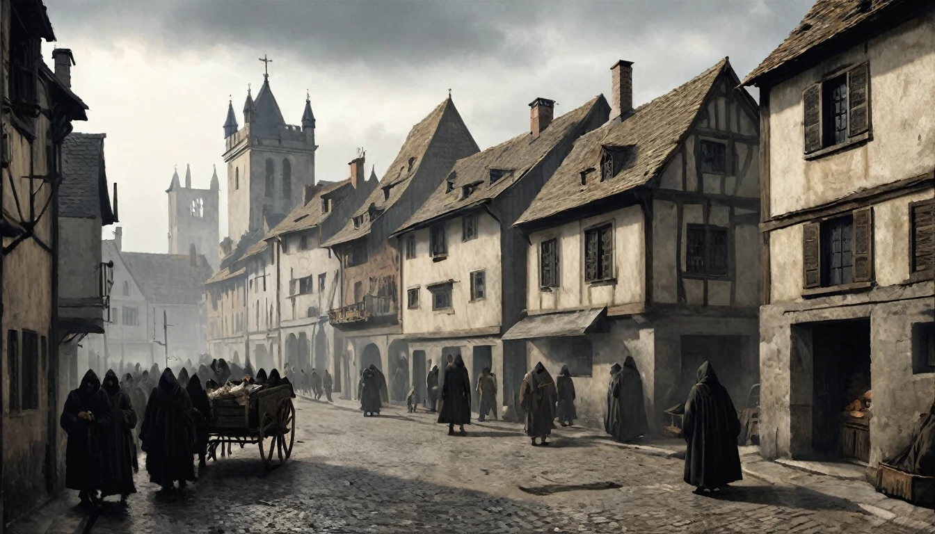14th century, medieval city during the Black Death. The scene shows a medieval city with narrow streets and wooden and stone buildings. The atmosphere is gloomy and desolate, with few inhabitants visible. Some citizens, covered in dark robes and peaked masks, are tending to the sick and carrying them on wooden carts. In the streets, you see bodies wrapped in sheets, waiting to be buried. The houses have closed windows and doors marked with crosses to indicate the presence of the disease. The sky is gray and cloudy, reflecting the sadness and fear that permeates the city. The atmosphere is oppressive, capturing the desperation and devastating impact of the Black Death on daily life at the time., Hyperrealism, UHD, retina, masterpiece, accurate, anatomically correct, textured skin, super detail, award winning, 8k
