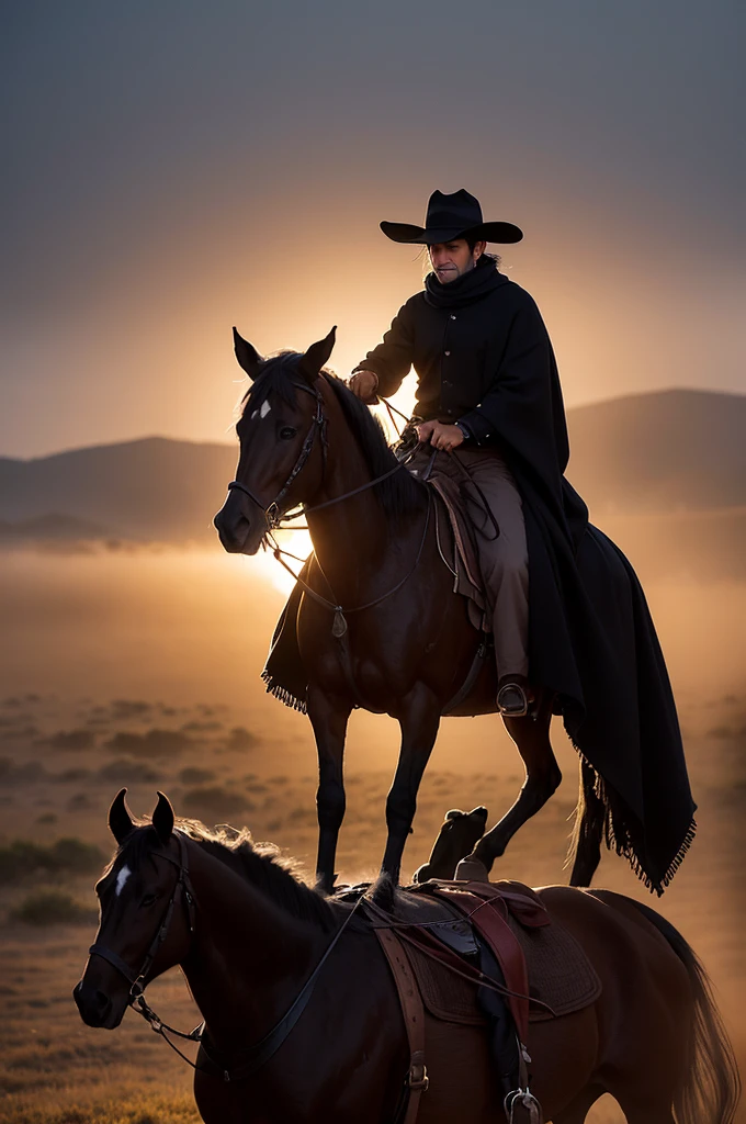 Gaucho in black clothes, hat and poncho riding on horseback on the pampas during the night with fog