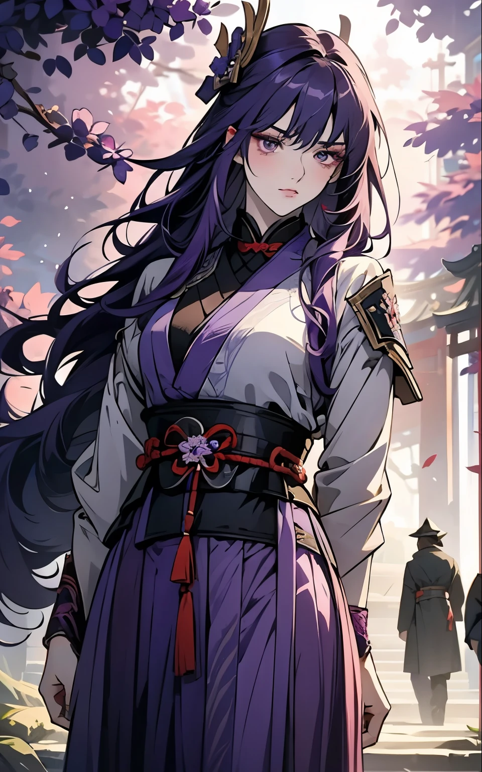 1 women, Raiden Shogun - genshin impact, long purple hair, violet eyes, violet chinese clothes, ultra long skirt, stands under a tree