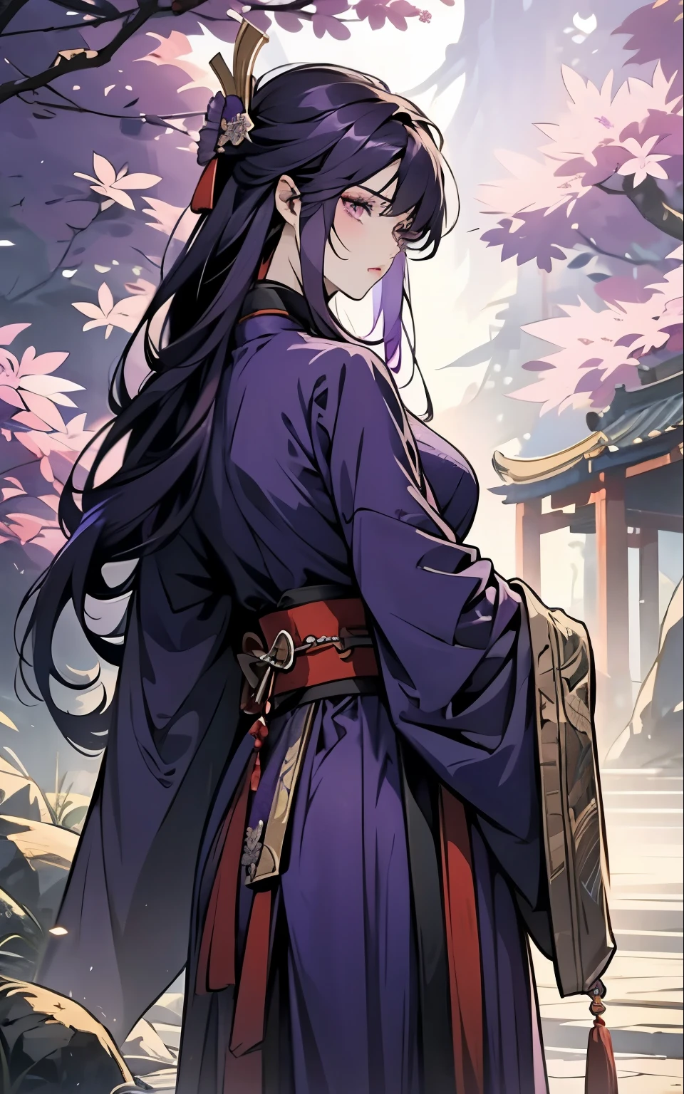 1 women, Raiden Shogun - genshin impact, long purple hair, violet eyes, violet chinese clothes, ultra long skirt, stands under a tree