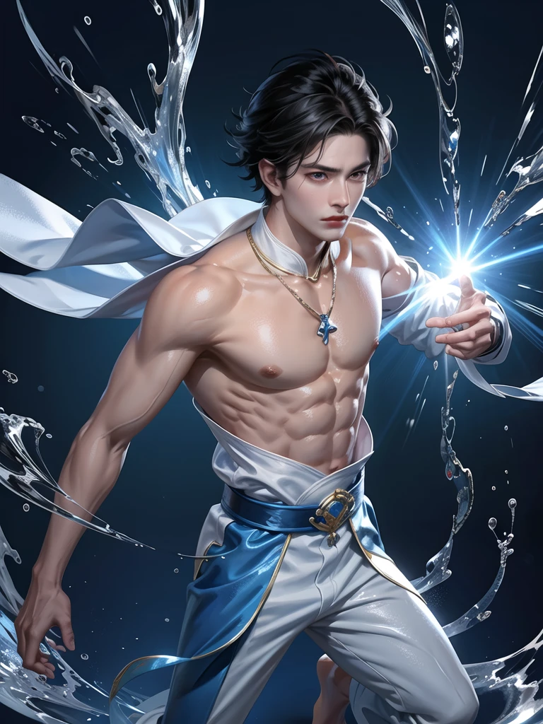 (Martial arts style works),(quality),(height),(A detailed background of a young boy..),(Water element),(A man with a beautiful face, perfect resolution),(Men wear traditional Chinese blue and white clothing.),(Thin, shiny muscles)(light and shadow),(1 man),(decoration),(Chinese anime subtitles),(One Sky Blue Ring),(เครื่องประดับdecoration),(watercolor eyes),(short black hair)