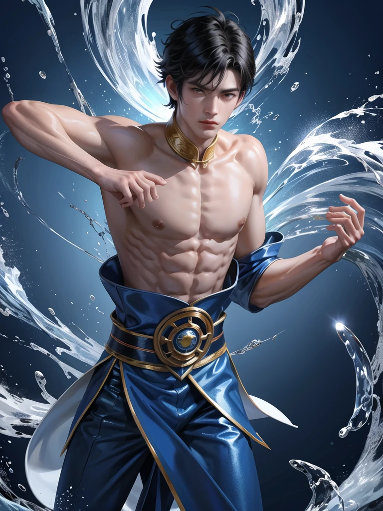 (Martial arts style works),(quality),(height),(A detailed background of a young boy..),(Water element),(A man with a beautiful face, perfect resolution),(Men wear traditional Chinese blue and white clothing.),(Thin, shiny muscles)(light and shadow),(1 man),(decoration),(Chinese anime subtitles),(One Sky Blue Ring),(เครื่องประดับdecoration),(watercolor eyes),(short black hair)