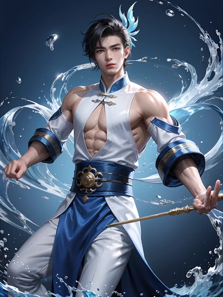 (Martial arts style works),(quality),(height),(A detailed background of a young boy..),(Water element),(A man with a beautiful face, perfect resolution),(Men wear traditional Chinese blue and white clothing.),(Thin, shiny muscles)(light and shadow),(1 man),(decoration),(Chinese anime subtitles),(One Sky Blue Ring),(เครื่องประดับdecoration),(watercolor eyes),(short black hair)