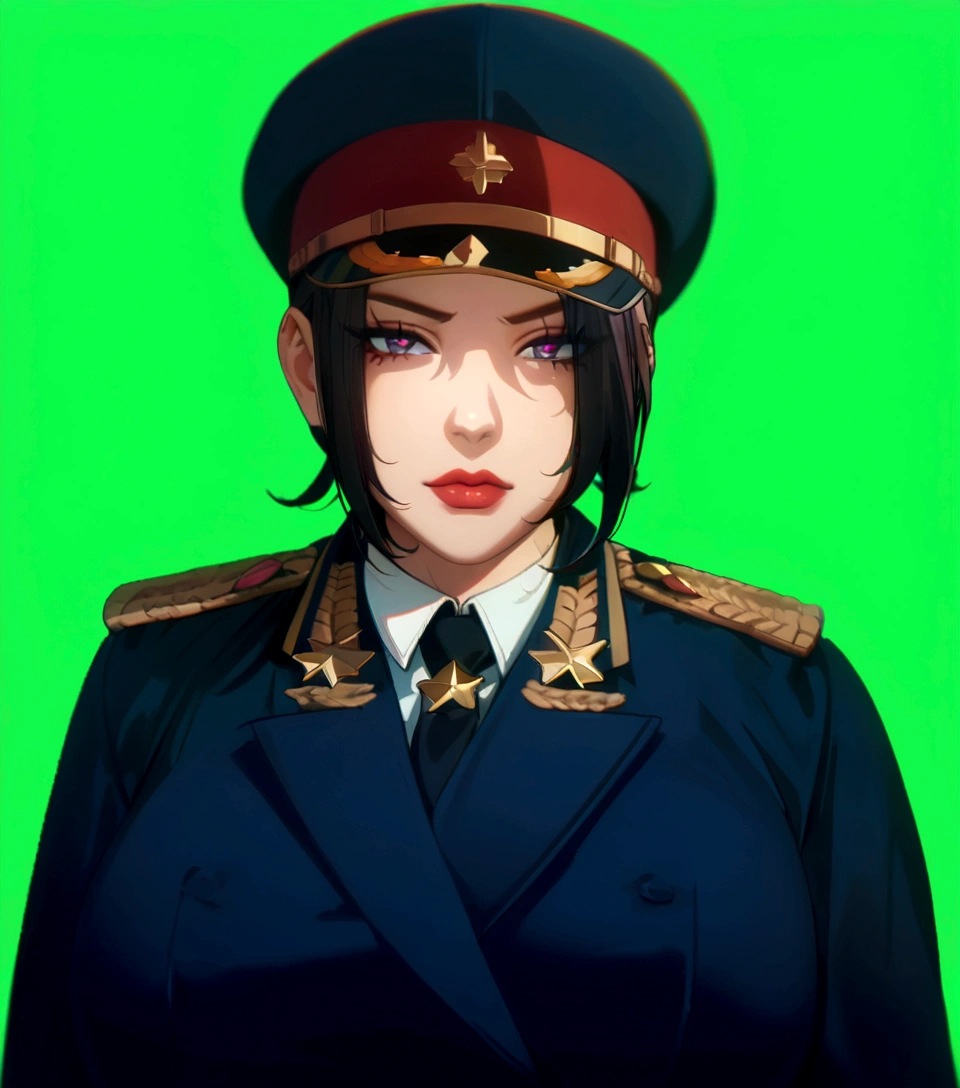 Woman, (1girl:1.3), (exceptional, best aesthetic, new, newest, best quality, anime, waifu:1.2), master piece, best quality, ultra detailed, absurdres, highres, colored, good anatomy, pretty face, grey hair, no beard, no mustache, big breast, sexy, military uniform, peak cap, neck tie, red part on the cap, star insignia on the cap,