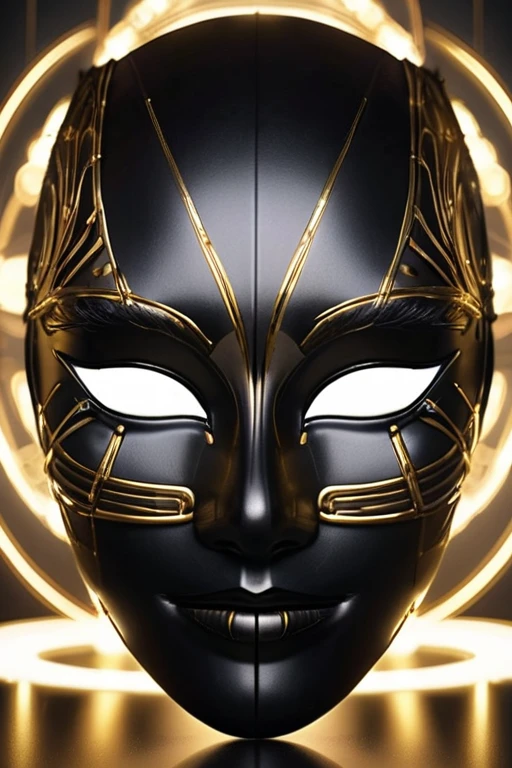 A black mask with golden lines, surrounded by lights