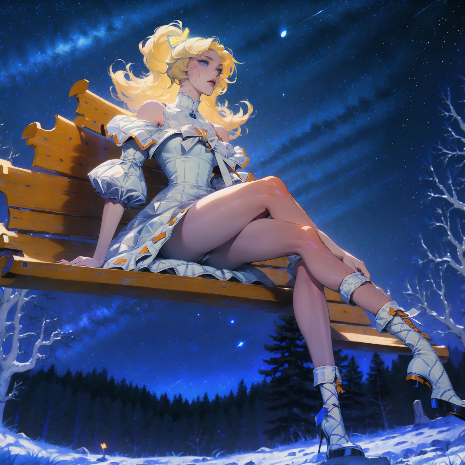 Anime girl with light blonde hair,With light blue eyes,Wearing an off-the-shoulder dress with puff sleeves,Sitting in the woods,Next to it is an orange mushroom,Surrounded by fireflies under the stars