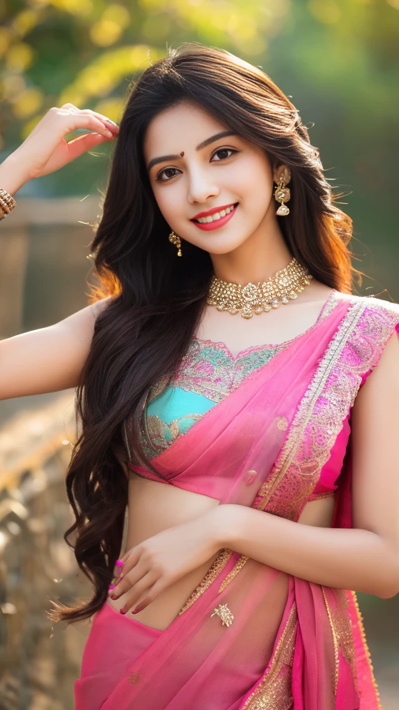 8K, ultra high detailed, an indian girl, cute smile realistic face, happy, long hair, impressive hairstyle, detailed eyes, detailed lips, indian clothes, saree, pink saree, lace, wearing jewellery, nature background, flowers, afternoon, shadow, clear weather, whole body capture,noch slim