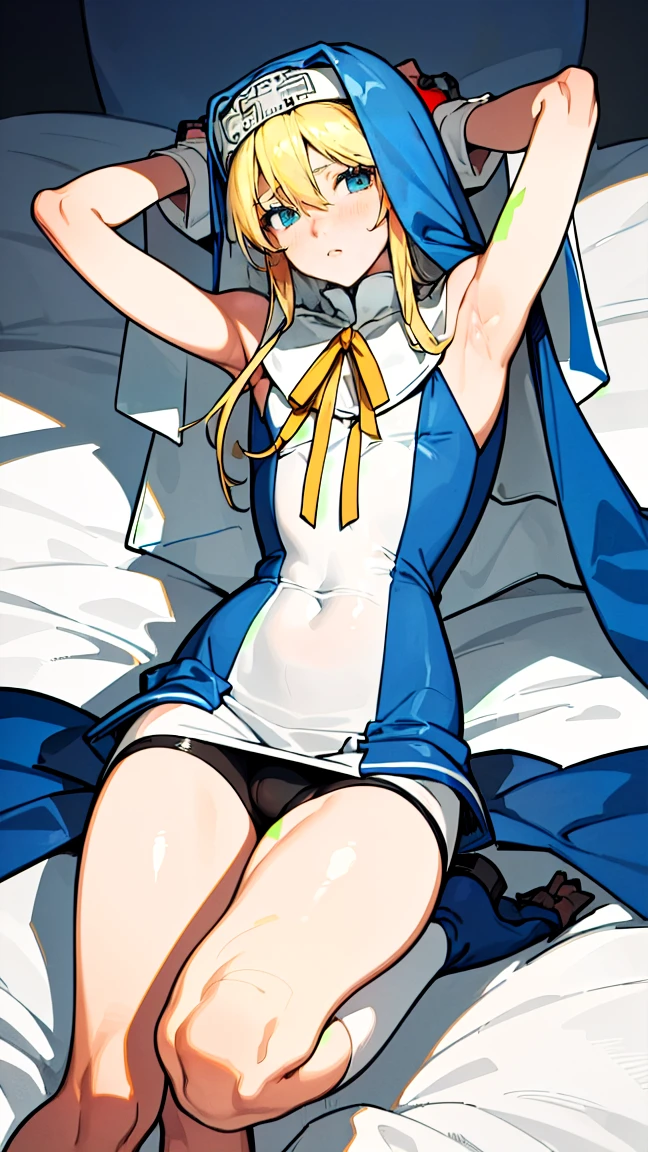 (Delicate and beautiful CG art, 8K, HighDynamicRange, better quality, very detailed, high resolution) (Masterpiece, best quality: 1.2, photorealistic, intricate details, realistic skin, realistic body) 1 boy, Guilty Gear Bridget, blonde hair, blue eyes, blush, male nun appearance, Wearing clothing worn exclusively by Bridget, including a blue nun's veil that reaches his waist, bicycle short shorts, and gloves on his hands. Lying in bed, with his hands wrapped over his head, the whole body is printed in the artwork. His long legs are emphasized, portraying a athletic