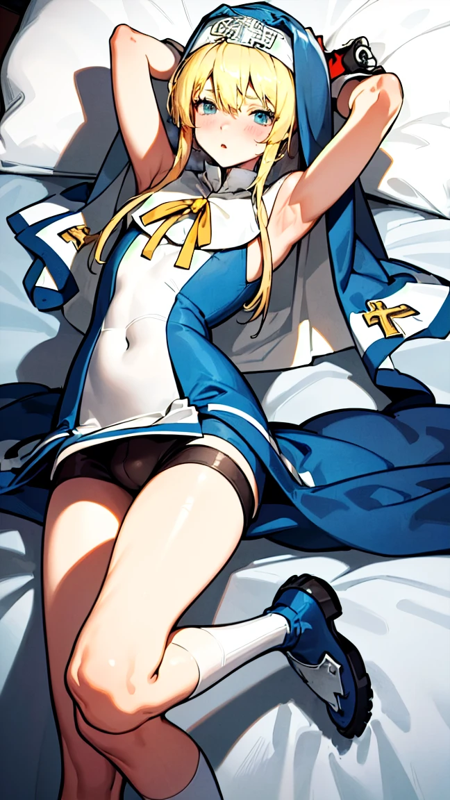 (Delicate and beautiful CG art, 8K, HighDynamicRange, better quality, very detailed, high resolution) (Masterpiece, best quality: 1.2, photorealistic, intricate details, realistic skin, realistic body) 1 boy, Guilty Gear Bridget, blonde hair, blue eyes, blush, male nun appearance, Wearing clothing worn exclusively by Bridget, including a blue nun's veil that reaches his waist, bicycle short shorts, and gloves on his hands. Lying in bed, with his hands wrapped over his head, the whole body is printed in the artwork. His long legs are emphasized, portraying a athletic