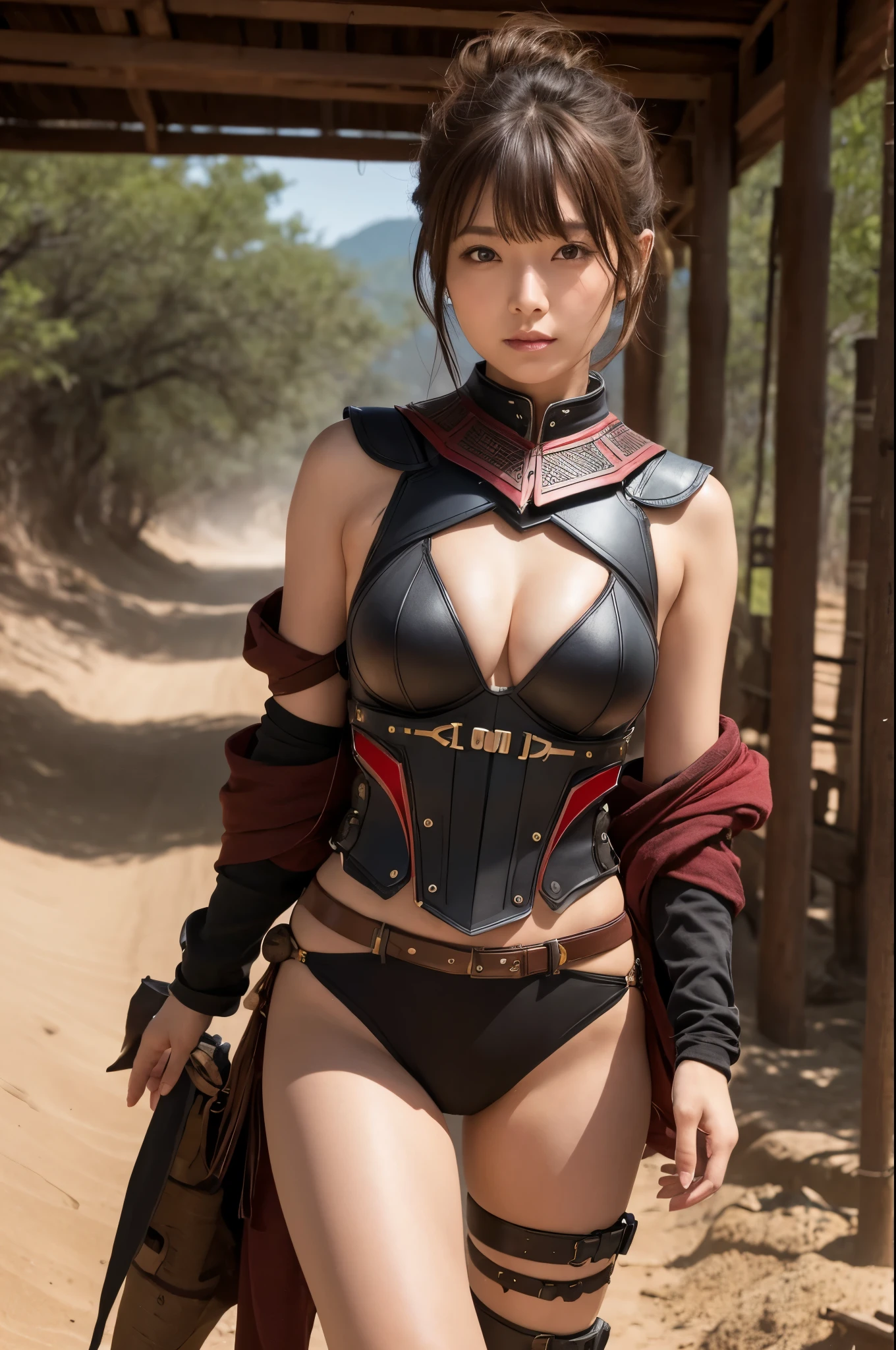 8K,荒れた大地adventure者の衣装,Traveling through the dusty wilderness,Light brown short hair,so beautifulな日本の女性, Red and black large breasted breastplate(Devil&#39;s Crest),so beautiful(Like the real thing),Red and black shoulder armor for the left shoulder(Devil&#39;s Crest),red and black combat pants,sexy,deviantart artstation cgscosiety, 3DレンダリングCharacter Art8 K, Alena Aenami and Artgerm, Vojtek Fas, Artstation 8K のトレンド, Art Station HDのトレンド, Adventure Ultra-Realistic Rendering, Perfect body with realistic shading, Photorealistic perfect body, Ultra-high resolution,high quality,sexy,Brown short hair,Strongly defined abdominal muscles,Muscular and slim body,Muscular and lean lower body,close,masterpiece,最high qualityのフォトリアリスティックなRAW写真。Bright colors,Rich colors, Backlight, Cinema Lighting, Film Grain, to be born, 50mm lens, Nikon D850,Realistic Skin,Fantasy art,Character Art,Sharp Eyes,adventure,He has a long and big Japanese sword.,brown combat jacket,red and black gauntlets(Devil&#39;s Crest),Battle Scenes,Dynamic pose,Action pose,shout,