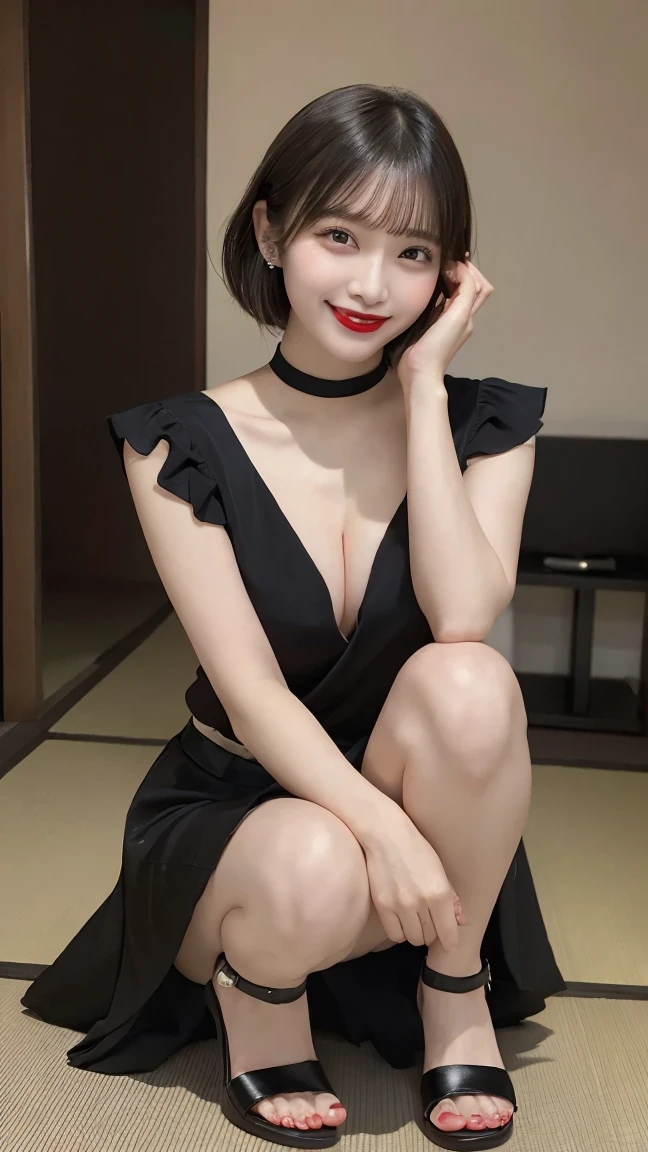 (Ultra-realistic), (An illustration), (high resolution), (8K), (very detailled), (最高のAn illustration),(CRU photo, best qualityer), (真实感, photorrealistic:1.4), Masterpiece artwork, Very delicate and beautiful, extremely detaild, 2k wallpaper, incredible, fine-details, very detailledなCGユニティ8kの壁紙, super verbose, high resolution, beautiful detailed girl, very detailledな目と顔, Beautiful detailed nose, beautiful detailed eyes,cinematic lighting,Perfect Anatomia,Perfect promotion,(a shy smile, beautiful face), ((perfect legs, perfect legs, perfect hands, perfect hands指, perfect arms, a shy smile, The mouth is perfect)), looking directly at the camera, Ear fringes and fringes、necklase、 (((beautiful japanese girl)))、 ((((((Uma beautiful japanese girl de 27))))))、(((Huge G breasts))), (((Bursting with huge breasts!!!!))), (((attractive big breasts!!!!!!!))), (((huge boobies))), (((Full body writing))), (((seductively pose))), ((photo only)), ((Bblack hair)), (((slenderbody))), (((Wearing a black V-neck silk blouse, Black Skirt, low heel sandals and red lipstick))), ((((beautiful smiling))))