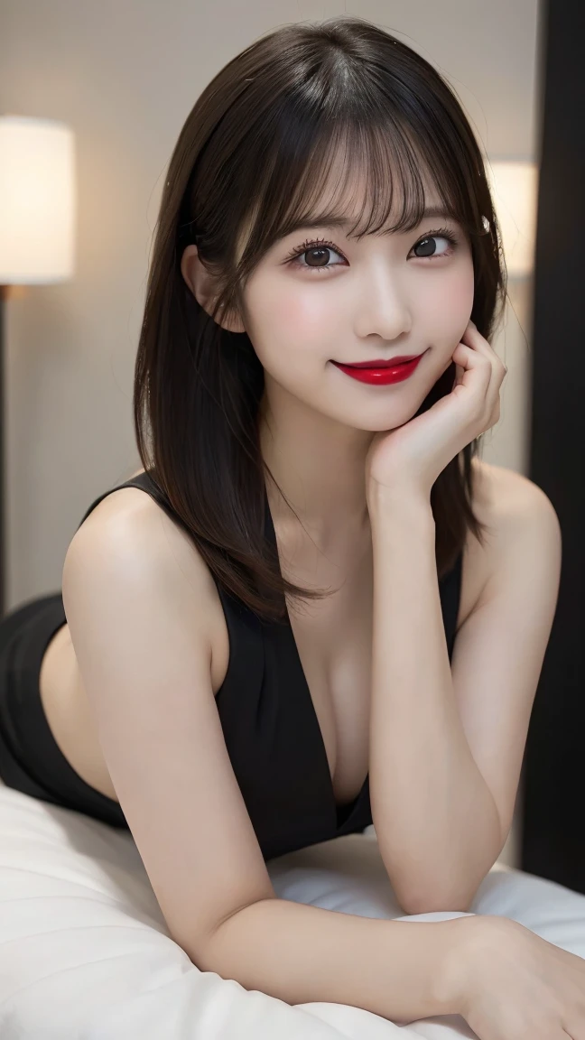(Ultra-realistic), (An illustration), (high resolution), (8K), (very detailled), (最高のAn illustration),(CRU photo, best qualityer), (真实感, photorrealistic:1.4), Masterpiece artwork, Very delicate and beautiful, extremely detaild, 2k wallpaper, incredible, fine-details, very detailledなCGユニティ8kの壁紙, super verbose, high resolution, beautiful detailed girl, very detailledな目と顔, Beautiful detailed nose, beautiful detailed eyes,cinematic lighting,Perfect Anatomia,Perfect promotion,(a shy smile, beautiful face), ((perfect legs, perfect legs, perfect hands, perfect hands指, perfect arms, a shy smile, The mouth is perfect)), looking directly at the camera, Ear fringes and fringes、necklase、 (((beautiful japanese girl)))、 ((((((Uma beautiful japanese girl de 27))))))、(((Huge G breasts))), (((Bursting with huge breasts!!!!))), (((attractive big breasts!!!!!!!))), (((huge boobies))), (((Full body writing))), (((seductively pose))), ((photo only)), ((Bblack hair)), (((slenderbody))), (((Wearing a black V-neck silk blouse, Black Skirt, low heel sandals and red lipstick))), ((((beautiful smiling))))