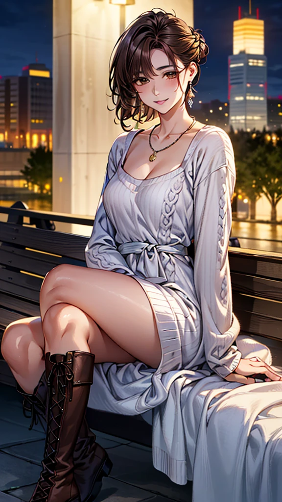 (masterpiece:1.3, Highest quality, Ultra-high resolution, Super detailed), (Realistic, photoRealistic:1.4), Beautiful illustrations, Perfect lighting, colorful, Depth of written boundary, Beautiful detailed hair, Beautifully detailed face, Beautiful fine details, Droopy eyes、Beautiful clavicle, Beautiful body, 美しいLarge Breasts, Beautiful thighs, Beautiful feet, Beautiful fingers, View Viewer、Front view:0.6, Beauty1人, Japanese, Beauty、30 years old, Perfect Face, (Perfect Anatomy, Anatomically correct), Cute and symmetrical face, Baby Face, , Shiny skin, (Pink long sleeve knit A-line dress:1.4) 、(short boots:1.3)、(Dark brown hair, Updo Hair:1.4), braided bangs、Dark brown eyes, Large Breasts, Slim body, necklace, Small earrings:1.1, (Beautiful views), (night), (city, cityscape in the distance), Riverside、Sitting on a bench,Crossing your legs、 A soft smile、(Smile, Lips parted),