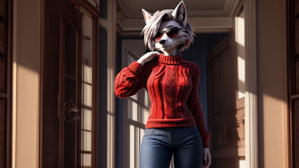 Loona from Helluva Boss, female white wolf, anthro, short white fluffy bob cut hair, sunglasses, she is blind, red sweater, blue pants, adult, mature, mommy, standing, serious, detailed, solo, beautiful, high quality, 4K