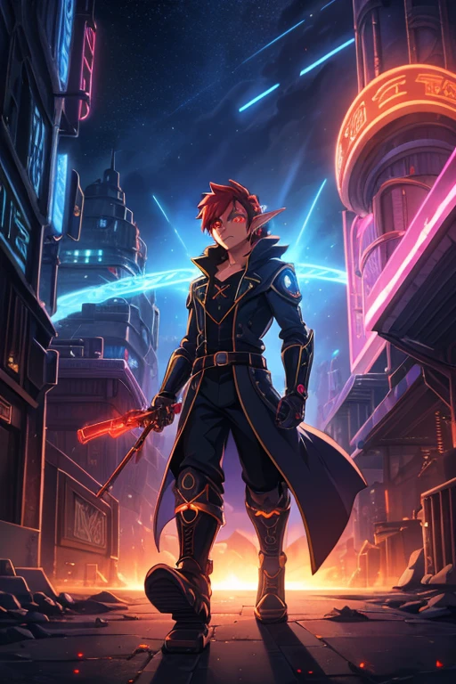 Niji mode.  Full body, elf wizard, secret agent, wearing a fine and elegant suit, holding a shotgun glowing magic carvings and long handle, technological boot with glowing magic circuits, ruby ​​eyes, dark red hair, orange skin, glowing red tattoos, ruby piercings, looking at the viewer, detailed face.  Atompunk, android, cyborg, mechanical parts with magic stones, magic glowing eyes, advanced technology mixed with magic, magic circuits, gears made of magic materials, developed by Technological Magic.  Walking in the middle of a magical atompunk metropolis mixing technology and vegetation, particle effects, wide and deep scenery, with multiple planes of depth, cinematic and dynamic scene with a sense of movement, view of magical bright lights reflecting the scene, stylish pose, aura lights, glowing technological cables, epic atmosphere, magic tools, old anime style, Studio ghibli, metal hurlant, artbook, RPG fantasy.