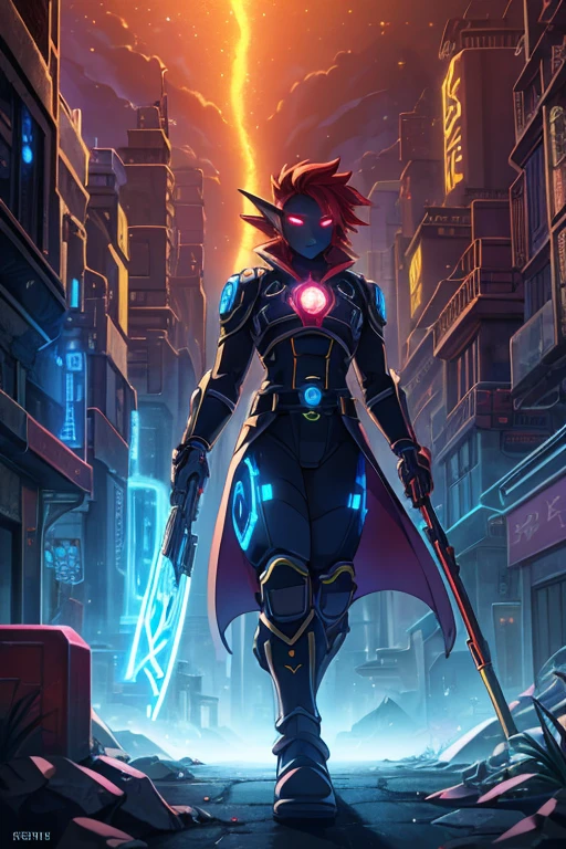 Niji mode.  Full body, elf wizard, secret agent, wearing a fine and elegant suit, holding a shotgun glowing magic carvings and long handle, technological boot with glowing magic circuits, ruby ​​eyes, dark red hair, orange skin, glowing red tattoos, ruby piercings, looking at the viewer, detailed face.  Atompunk, android, cyborg, mechanical parts with magic stones, magic glowing eyes, advanced technology mixed with magic, magic circuits, gears made of magic materials, developed by Technological Magic.  Walking in the middle of a magical atompunk metropolis mixing technology and vegetation, particle effects, wide and deep scenery, with multiple planes of depth, cinematic and dynamic scene with a sense of movement, view of magical bright lights reflecting the scene, stylish pose, aura lights, glowing technological cables, epic atmosphere, magic tools, old anime style, Studio ghibli, metal hurlant, artbook, RPG fantasy.