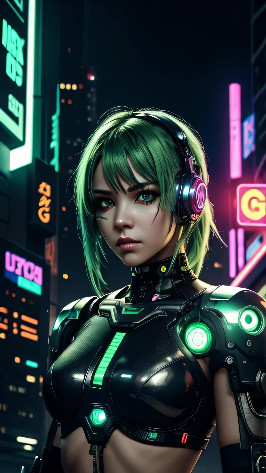 cyborg girl, robot hand, black eyes, cyberpunk city background, neon light, green hair, masterpiece, ultra high details