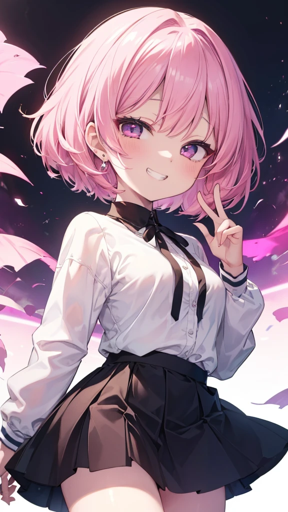 (8K、Highest quality、Highest quality、masterpiece)、Detailed face、One Girl、 Pink Hair、short hair、Open your mouth,Look down on me、Wicked Smile、Simple look,((Grin))、((shirt))、((skirt))、