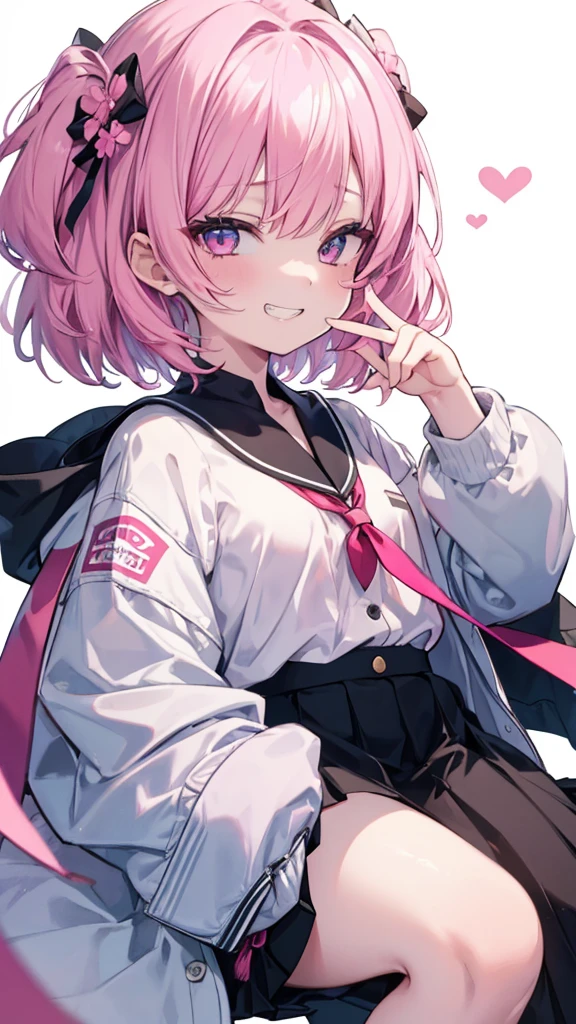 (8K、Highest quality、Highest quality、masterpiece)、Detailed face、One Girl、 Pink Hair、short hair、Open your mouth,Look down on me、Wicked Smile、Simple look,((Grin))、((shirt))、((skirt))、