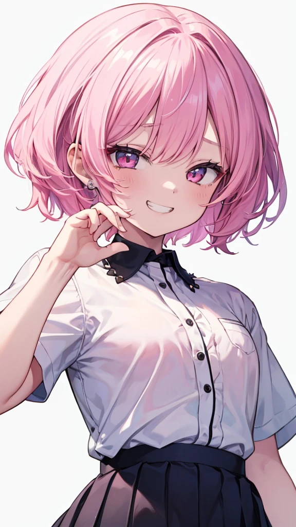 (8K、Highest quality、Highest quality、masterpiece)、Detailed face、One Girl、 Pink Hair、short hair、Open your mouth,Look down on me、Wicked Smile、Simple look,((Grin))、((shirt))、((skirt))、