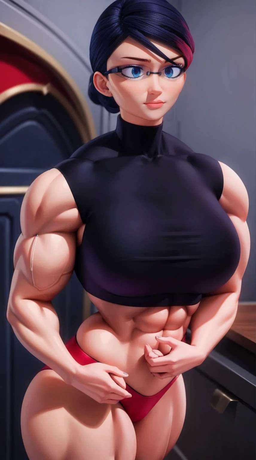 female bodybuilder Natalie Sancoeur and her hair is dark blue, and a bit red from end to the left side of head, detailed face, beautiful detailed eyes, muscular female bodybuilder in red bikini, extremely detailed face and body, beautiful eyes, long eyelashes, full lips, tensed muscles, athletic physique, dynamic pose, powerful expression, dramatic lighting, photorealistic, 8k, hyper detailed, high quality, professional photography, cinematic, vivid colors, dramatic shadows.