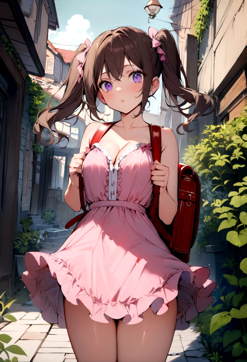 masterpiece, Highest quality, Nico_Yazawa,High resolution, 1 Girl, alone, Brown Hair, short hair, Twin tails、Purple eyes, Cowboy Shot, Frill dress, , Pink Dress, (Cleavage)、(Beautiful thighs)、city, Outdoor, garden, Carrying a red backpack, (randoseru backpack:1.2)Squatting with legs apart