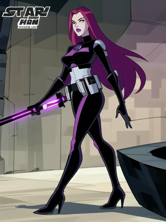 Derrick J Wyatt style, masterpiece, best quality, solo, 1girl, Mara Jade from Star Wars, science fiction, Star Wars based environment, She's wearing a tight shiny black leather suit, gloves, silver utility belt and high-heel boots. She's holding a purple lightsaber. Dynamic poses, Character concept, character art, Character portrait, masterpiece