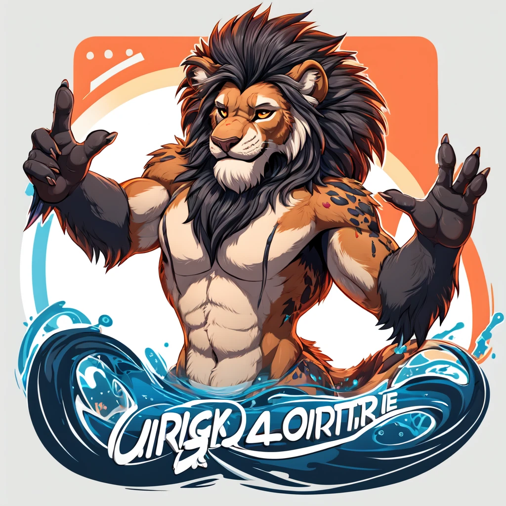 a design [lion], [soft neon light], sticker art, vector art, dark backgroud, and splash orange and red blods, hight quality for digital print