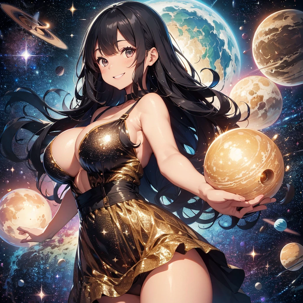 Woman with very long wavy big breast and black hair tan skin wearing a beautiful  glitter dress and smiling up. Little, surrounded by outerspace, planets, and galaxies