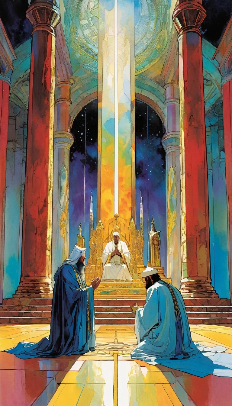 ((tarot card)) ((card frame)) , the spiritual high priest,men pray kneeling before the priest in a great temple, artwork artwork by Bill Sienkiewicz, vivid colors, intricate details, oil.