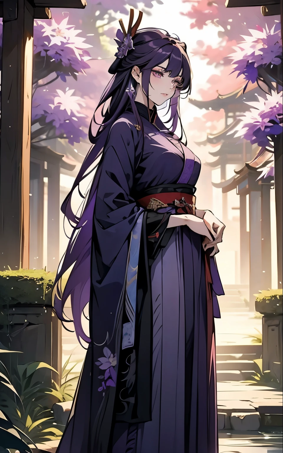 1 women, Raiden Shogun - genshin impact, long purple hair, violet eyes, violet chinese clothes, ultra long skirt, stands under a tree