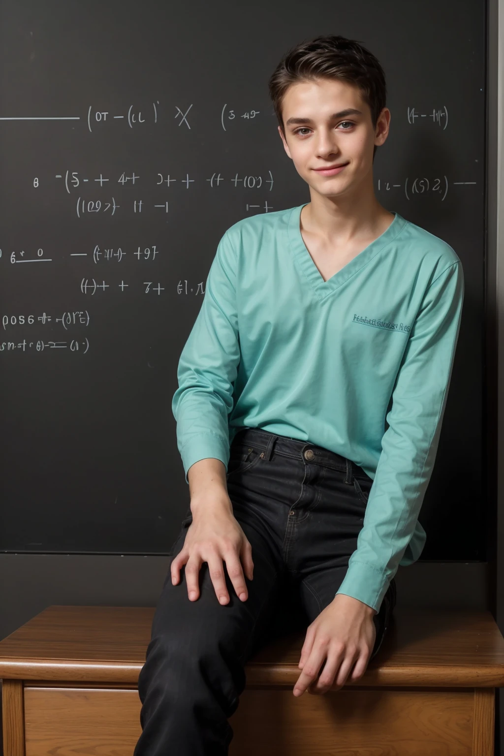 A beautiful young twink, cute male, with a face with make-up, wearing a long-sleeved aquamarine shirt and black jeans. He is in the Royal Hall, and behind him is a blackboard with calculus and physics equations written on it, and he looks proudly, with black hair, sitting in the study desk.  He reads a huge medical book